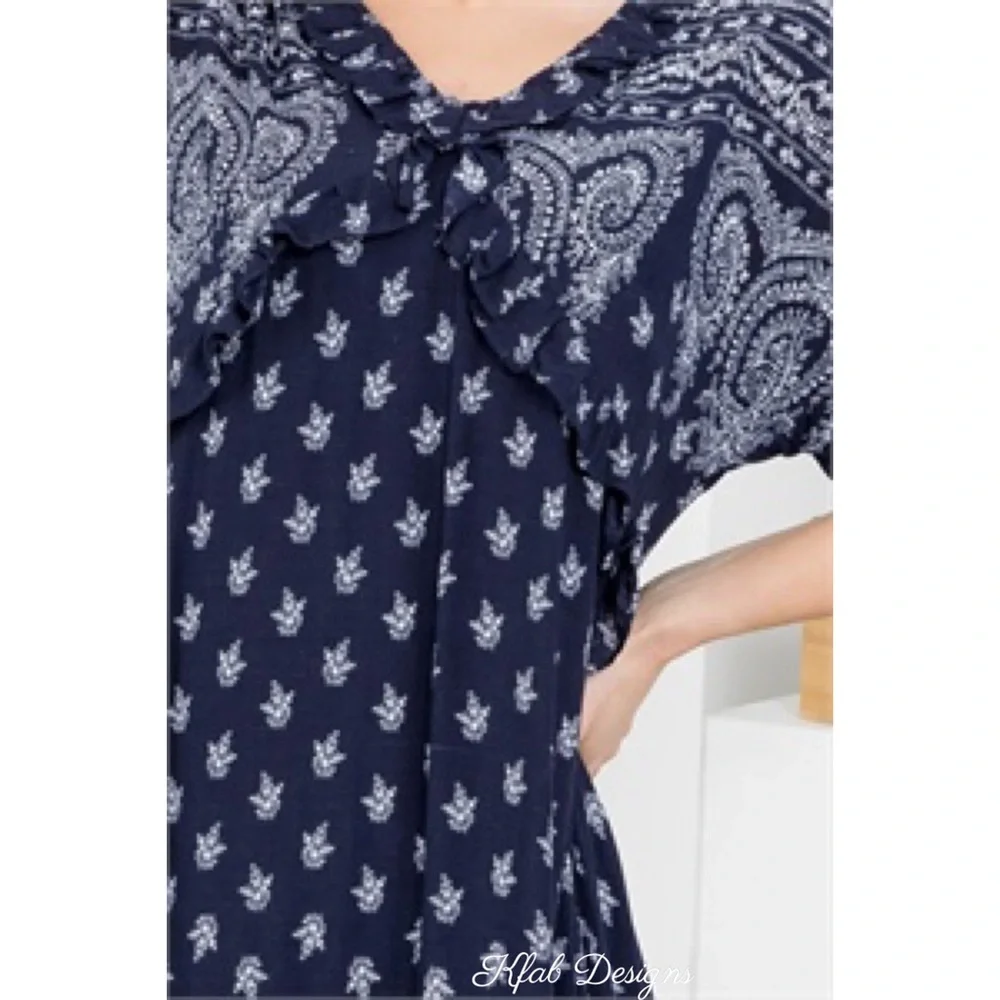 ❤️LAST 1! Navy Paisley Border Print Fully Lined Midi Pocket Dress! - Picture 5 of 6